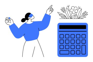 Yukarıya bakan kadın, tepeden büyüyen çiçek ve yapraklarla, yaratıcılığı, finansal kavramları ve yeniliği sembolize ediyor. Finans, doğa, büyüme ve yaratıcılık için ideal