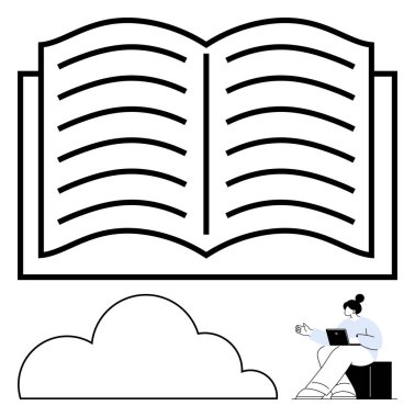 Önemli çizgileri olan açık bir kitap, altında bulut, alt köşede dizüstü bilgisayarı olan biri. Eğitim, e-öğrenme, dijital kütüphane, çevrimiçi çalışma, yaratıcılık bilgi aktarım yeniliği için idealdir. Düz