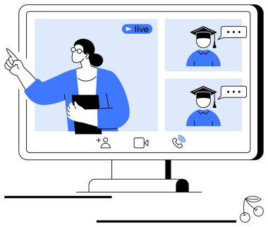 Mezuniyet şapkalı öğrencilerle sanal bir konferans sırasında canlı bir video görüşmesinde öğretmen sunumu. Eğitim, e-öğrenim, eğitim, iletişim, takım çalışması ve bilgi paylaşımı için ideal