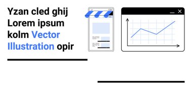 Akıllı telefon uygulama düzeni, metin bloğu ve yükselen veri grafiği. Dijital pazarlama, analiz, çevrimiçi iş, e-ticaret, istatistik, içerik stratejisi basit iniş sayfası için ideal