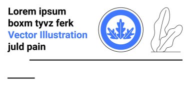Yaprak tasarımlı dairesel mavi amblem, kalın yer tutucu metin ve minimalist bitki çizimi. Markalaşma, doğa temalı tasarımlar, eko-odaklı mesajlar, modern yerleşimler, sunumlar, şablonlar için ideal