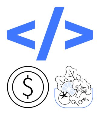 Bir dolar işareti, bir kase sebze, teknoloji, finans ve sağlık durumlarını birleştiren bir madeni paranın üstündeki mavi kodlama parantezi. Diyet, yazılım, ekonomi, sürdürülebilirlik, yenilik sağlığı için ideal