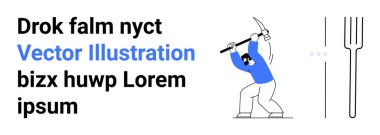 Kazmalı, mavi gömlekli, dinamik duruşu olan bir işçi. Çatal sağa, siyah yer tutucu metin bloğu sola. İnşaat, işçilik, iş temaları, madencilik enerji araçları için ideal sade iniş