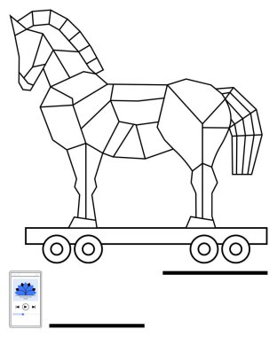 Geometrik Truva atı, tekerlekler üzerinde taşınabilir bir müzik cihazıyla eşleştirilmiş. Teknoloji, kültür, gizli tehlikeler, yaratıcılık, modern tasarım, siber güvenlik, soyut düz metafor için ideal