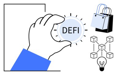 El ele tutuşan DEFI düğmesi, alışveriş poşetlerine bitişik, engelleme düğmeleri, ve ampul. Finans, e-ticaret, teknoloji, yenilik, kriptodan arındırılmış çevrimiçi alışveriş sistemleri için ideal