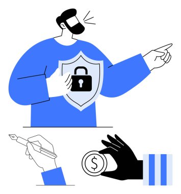 Kilit sembollü kalkanı tutan adam öne bakıyor. El imzası belgesi ve bir sadaka parası daha. Finans, siber güvenlik, liderlik, planlama, müzakere, iş ahlakı dairesi için ideal