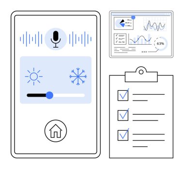 Klima kontrol kaydıracı, analitik gösterge paneli ve tamamlanmış kontrol listesi olan sesle etkinleştirilmiş akıllı ev paneli. Otomasyon, teknoloji, yenilik, üretkenlik, verimlilik, organizasyon dairesi için ideal
