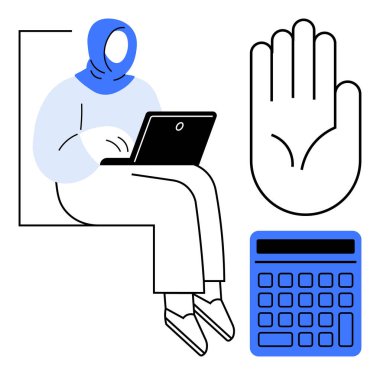 Laptop kullanan tesettürlü kadın, hesap makinesinin yanında ve el hareketini durdur. Finans, bütçe planlaması, ihtiyat, güvenlik, çevrimiçi işlemler, karar verme ve farkındalık için ideal. Düz basit