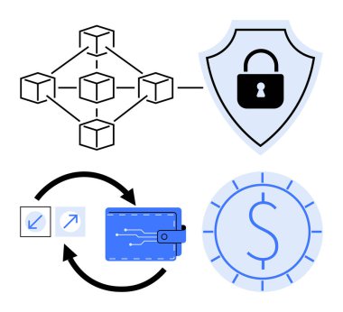Engelleme düğümleri birbirine bağlı, güvenli asma kilit kalkanı, oklu dijital cüzdan, bozuk para. Dijital güvenlik, kripto para birimi, ademi merkeziyet, fintech, yenilik e-ticaret dairesi için ideal