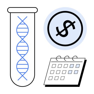 Test tüpünün içinde DNA, çemberin içinde bir dolar işareti ve işaretli tarihli bir takvim. Araştırma yatırımı, tıbbi maliyet, biyoteknoloji, sağlık, programlama, planlama için ideal daire