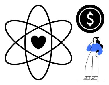 Atomik yapıda bir kalp, dolar parası, düşünceli bir insan. Bilim, aşk, finansal kararlar, iç gözlem, ekonomik teoriler kişisel finansal değerler için idealdir. Soyut çizgi
