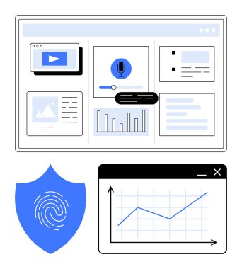 Çizelgesi, grafiği, ses araması ve video oynatıcı arayüzleri olan veri paneli. Güvenlik kalkanında parmak izi ve analiz çizelgesi var. Teknoloji ve veri görselleştirme için ideal
