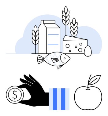 Süt kutusu, peynir, balık, buğday ve elma sağlıklı yemeyi sembolize eder. Bir madeni parayı elinde tutmak mali kararları temsil eder. Beslenme, tarım ve finansal sürdürülebilirlik için ideal