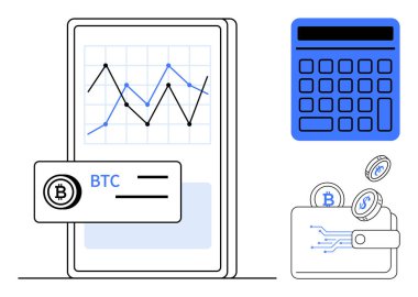 Mali tabloları gösteren akıllı telefon bitcoin ile dijital cüzdan ve kripto para ticaretini, yatırımları ve analitiği sembolize eden hesap makinesi. Finans, engelleme zinciri ve ticaret için ideal