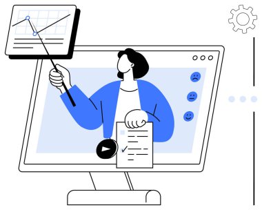 Sunucu, web elemanlarıyla çevrili notları tutarken monitördeki veri grafiğini işaret ediyor. Çevrimiçi öğrenme, web siteleri, veri paylaşımı, uzak çalışma, takım işbirliği, analiz, sanal