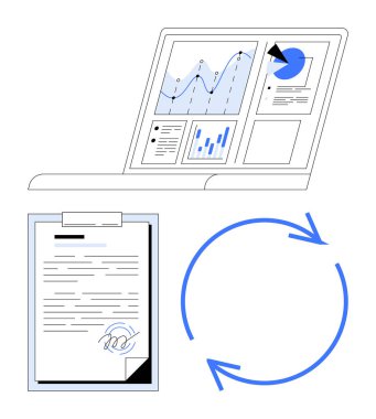 Analitik grafikleri gösteren dizüstü bilgisayar, imzalı rapor kağıdı ve işlem akışını gösteren döngü okları. Veri analizi, iş akışı, proje yönetimi, optimizasyon, iş planlaması için ideal