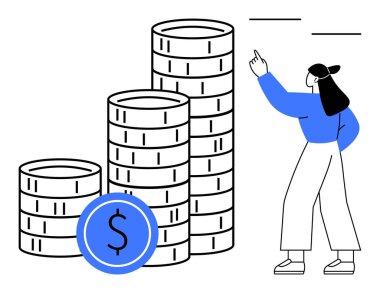 Yığınla madeni parayı işaret eden kadın finansal büyümeyi, ekonomiyi, tasarrufları veya yatırımları simgeliyor. Finans, ekonomi, iş büyümesi, tasarruf planı, refah yönetimi ekonomik analizi için ideal