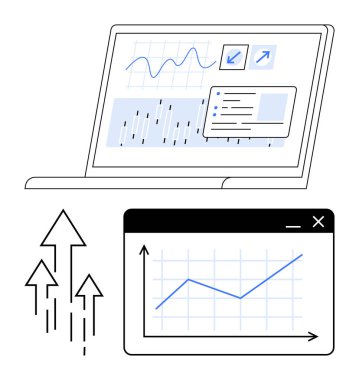 Veri görselleştirme grafikleri, açılır pencereler ve yukarı doğru ok eğilimli dizüstü bilgisayar ekranı büyümeyi, ilerlemeyi ve analitiği sembolize ediyor. İş, pazarlama, teknoloji finans stratejisi için ideal