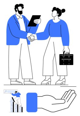 İki profesyonel güven içinde el sıkışıyor, mühürlü anlaşmalar, büyüme çizelgeleri, el çabukluğu. Ortaklık, işbirliği, kariyer desteği, takım çalışması, güven büyümesi ve iş dünyası için ideal