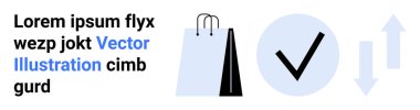 Alışveriş torbası, mavi dairede kalın işaretler ve yukarı aşağı çift ok. Ecommerce, shopping, karar verme süreci, onay süreci, değerlendirme, çevrimiçi işlemler için ideal basit