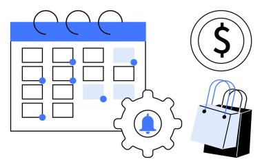 Mavi röfeli bir takvim, çanlı bir vites, bir alışveriş çantası ve bir dolar işareti. Zaman yönetimi, zamanlama, mali planlama, perakende stratejisi, bilgilendirme bütçe yönetimi için ideal