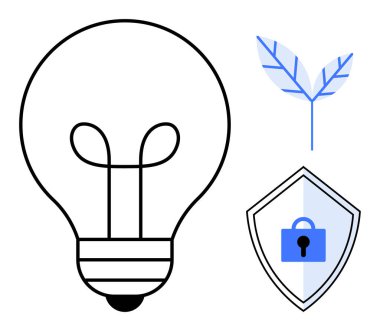 Yeniliği sembolize eden ampul, sürdürülebilirliği temsil eden mavi yaprak, güvenlik için asma kilitli kalkan. Teknoloji, çevre, güvenlik, yaratıcılık, büyüme, koruma ve fikirler için ideal