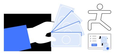 El ele tutuşma parası. Ödeme düğmeli iş belgeleri, çalışan figür, mali işlem, verimlilik, ödeme çözümü. Finans, işlemler, iş hızı yatırımları verimliliği için ideal