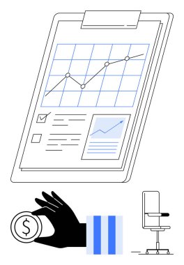 Yükselen grafikli pano, işaretler ve notlar, dolar tutan el yazısı, dikey mavi çubuklar, modern ofis sandalyesi. İş, finans ve ekip planlaması için ideal iş yeri izleme