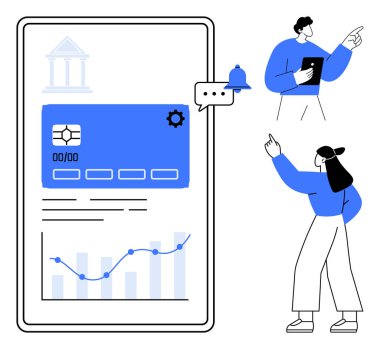 Kredi kartı arayüzü, tebligatları, analitik çizelgeleri ve kullanıcıları çalıştıran mobil bankacılık görüntüsü. Finans, fintech, bankacılık, ödeme analitik teknoloji müşteri hizmetleri için idealdir. Düz