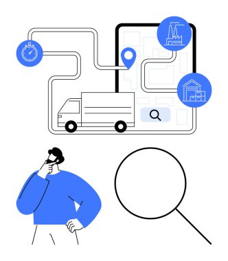 Yol çizgileri, lokasyon iğnesi ve analiz büyüteci olan dijital bir harita üzerinde bir kamyon. Kargo, teslimat, lojistik, tedarik zinciri, planlama verimliliği rotası için ideal. Düz basit metafor