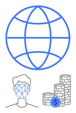 Küre, geometrik yüz ve kümelenmiş paralar küresel bağlantı, yapay zeka, biyometri, ekonomi ve kripto para birimini temsil ediyor. Teknoloji ve küreselleşme yeniliği için ideal