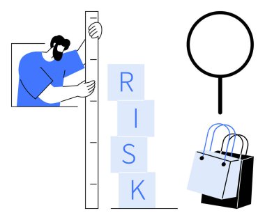 Elinde cetvel tutan bir işadamı, istiflenmiş RISK bloklarının yüksekliğini ölçüyor, büyüteç ve alışveriş torbaları. Ticari risk analizi, strateji, yatırım, karar verme ve perakende için ideal