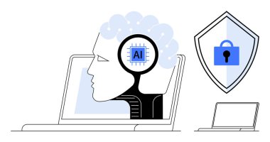 Laptop ekranından çıkan yapay zekaya sahip insan kafası, sağında kilit olan kalkan güvenliği gösteriyor. Yapay zeka teknolojisi, siber güvenlik, makine öğrenimi, veri gizliliği, yenilik, sinirsel