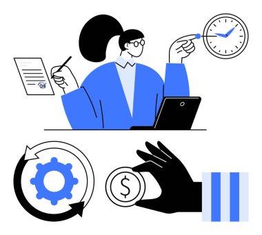 Profesyonel analiz sözleşmesi, dizüstü bilgisayar, saati işaret etmek çark, para değişimi dahil. Üretkenlik, yönetim, teslim tarihleri, zaman planlama finans süreçleri için idealdir. Düz basit