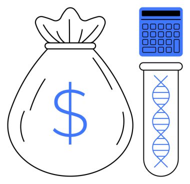 Hesap makinesinin yanında para çantası ve yenilik fonunu sembolize eden DNA test tüpü. Finans, araştırma, teknoloji, sağlık, genetik, yatırım ve biyoteknoloji temaları için idealdir. Düz basit
