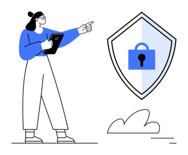 Elinde tablet tutan kadın kalkanın kilidini işaret ederek veri korumasını, online gizliliği ve siber güvenliği sembolize ediyor. Güvenlik, dijital koruma, teknoloji, mahremiyet, veri yönetimi için ideal