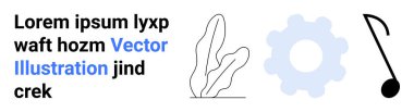 Metin bloğu basit bir bitki çizimi, mavi vites şekli ve stilize edilmiş siyah nota ile eşleştirildi. Tasarım için ideal, sanat keşfi, kavramlar, yenilik, teknoloji, müzik sade iniş sayfası