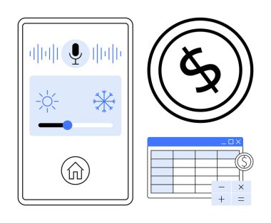Sese duyarlı akıllı ev sıcaklığı kontrolü, finans için dolar ikonu ve hesap makineli dijital tablo. Teknoloji, akıllı cihazlar, verimlilik, bütçe planlaması, ödeme, otomasyon için ideal