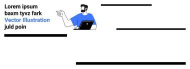 Adam dizüstü bilgisayar tutuyor ve açıklama yaparken el kol hareketi yapıyor, gayri resmi tasarım ve metin tutucular. Sunumlar için ideal, uzak çalışma, dersler, iletişim, eğitim, e-öğrenim düz iniş
