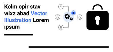 Veri güvenliği, işbirliği veya güvenli sistemleri temsil eden bir kilit ile kullanıcı simgelerini birbirine bağlayan bir dişli ağı. Siber güvenlik, ağ güvenliği, kullanıcı erişimi, takım çalışması, dijital güvenlik, veri