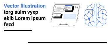 Kullanıcı arayüzü gösteren bir bilgisayarın yanında yapay zekayı temsil eden dijital beyin ağı. Yapay zeka, teknoloji, yenilik, makine öğrenimi, veri bilimi, web tasarımı, basit iniş sayfası için ideal