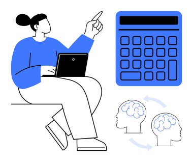 Elinde dizüstü bilgisayarla büyük hesap makinesini gösteren bir kadın. Yanında da fikir alışverişini gösteren okları olan beyin simgeleri var. Öğrenme, analiz, planlama, eğitim, strateji ve işbirliği için ideal
