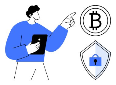 Elinde tablet tutan ve kilidi olan bir kalkanın yanındaki Bitcoin sembolünü işaret eden kişi. Temalar için ideal kripto para birimi, dijital güvenlik, finans, engelleme zinciri, yatırım, çevrimiçi güvenlik
