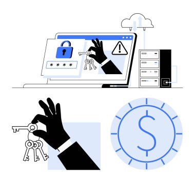 Bilgisayarda, sunucuda, bulut simgesinde, dolar işaretinde şifre alanının yanındaki dijital kilit ve anahtar. Veri koruması için ideal, çevrimiçi güvenlik, fintech, güvenli erişim, şifreleme siber güvenlik riski