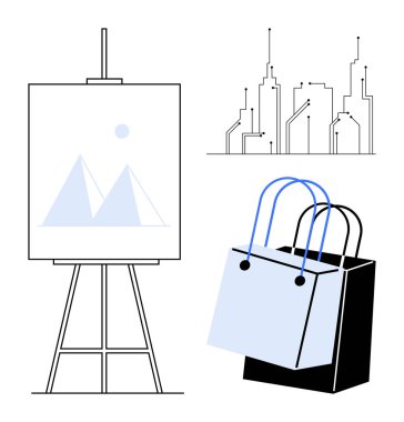 Easel 'in soyut dağ resimleri, çizilmiş şehir silueti ve istiflenmiş iki alışveriş çantası. Tasarım ilhamı, sanatsal yenilik, şehir planlaması, ticari perakende, mimari için ideal