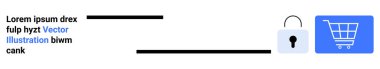 Kilit simgesi ve mavi alışveriş arabası güvenli e-ticaret faaliyetlerini gösteriyor. Çevrimiçi ödeme, siber güvenlik, e-ticaret, şifreleme, dijital alışveriş, işlem güvenliği, basit iniş sayfası için ideal