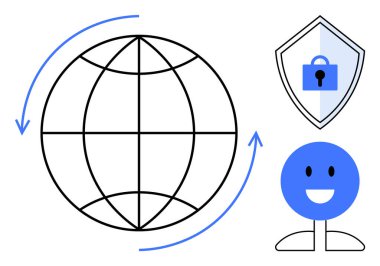 Bağlantıyı temsil eden küre, hareketi gösteren oklar, güvenliği simgeleyen asma kilidi olan kalkan ve mavi gülümseyen figür. Siber güvenlik, gizlilik, internet, kullanıcı güvenliği için ideal