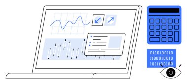Grafikleri, grafikleri ve notları gösteren dizüstü bilgisayarın yanında bir hesap makinesi, ikili kod ve bir göz simgesi var. Analitik için ideal, hesaplama finansman teknolojisi içgörüleri eğilimleri izlemek için. Düz