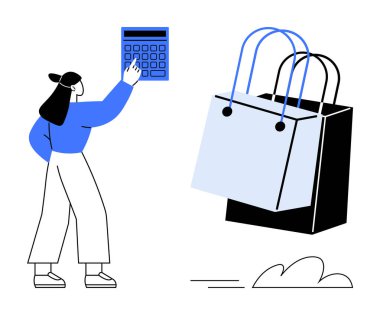 Yüzen alışveriş torbalarının yanında duran kadın hesap makinesine basıyor. Temalar için ideal bütçe, mali planlama, alışveriş yönetimi, maliyet hesaplaması, gider izleme, perakende satış