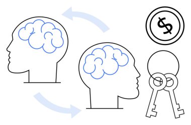 Bir para ve anahtarla birlikte fikir alışverişini sembolize eden oklu iki insan kafası. Yenilik, işbirliği, eğitim, girişimcilik, finans, problem çözme, yaratıcılık için ideal